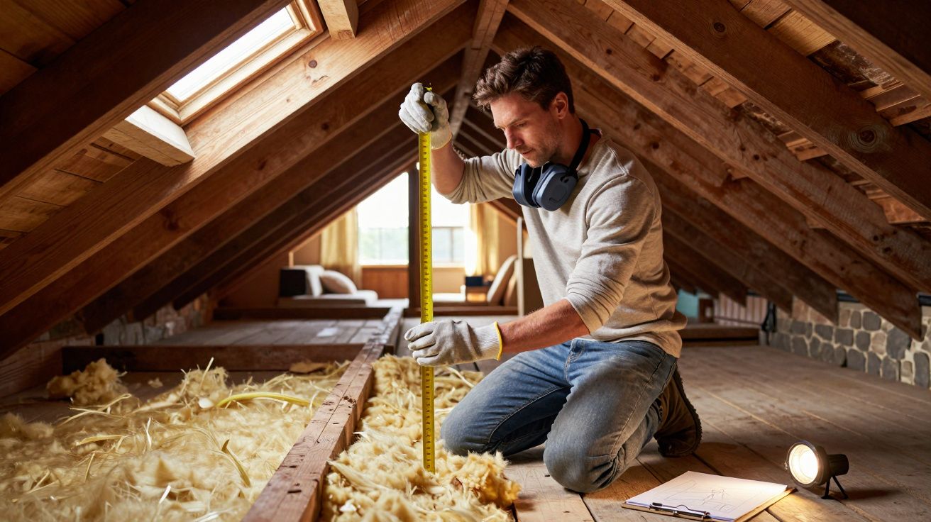 Homem a medir isolamento térmico numa sótão com luz natural e lâmpada portátil.