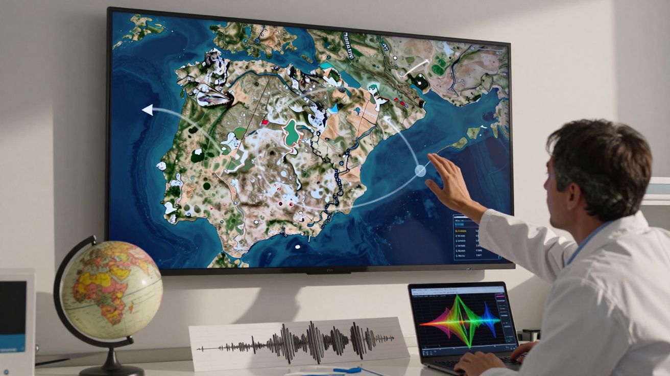 Homem analisando mapa geográfico interativo numa tela grande com gráficos e globo terrestre numa secretária.