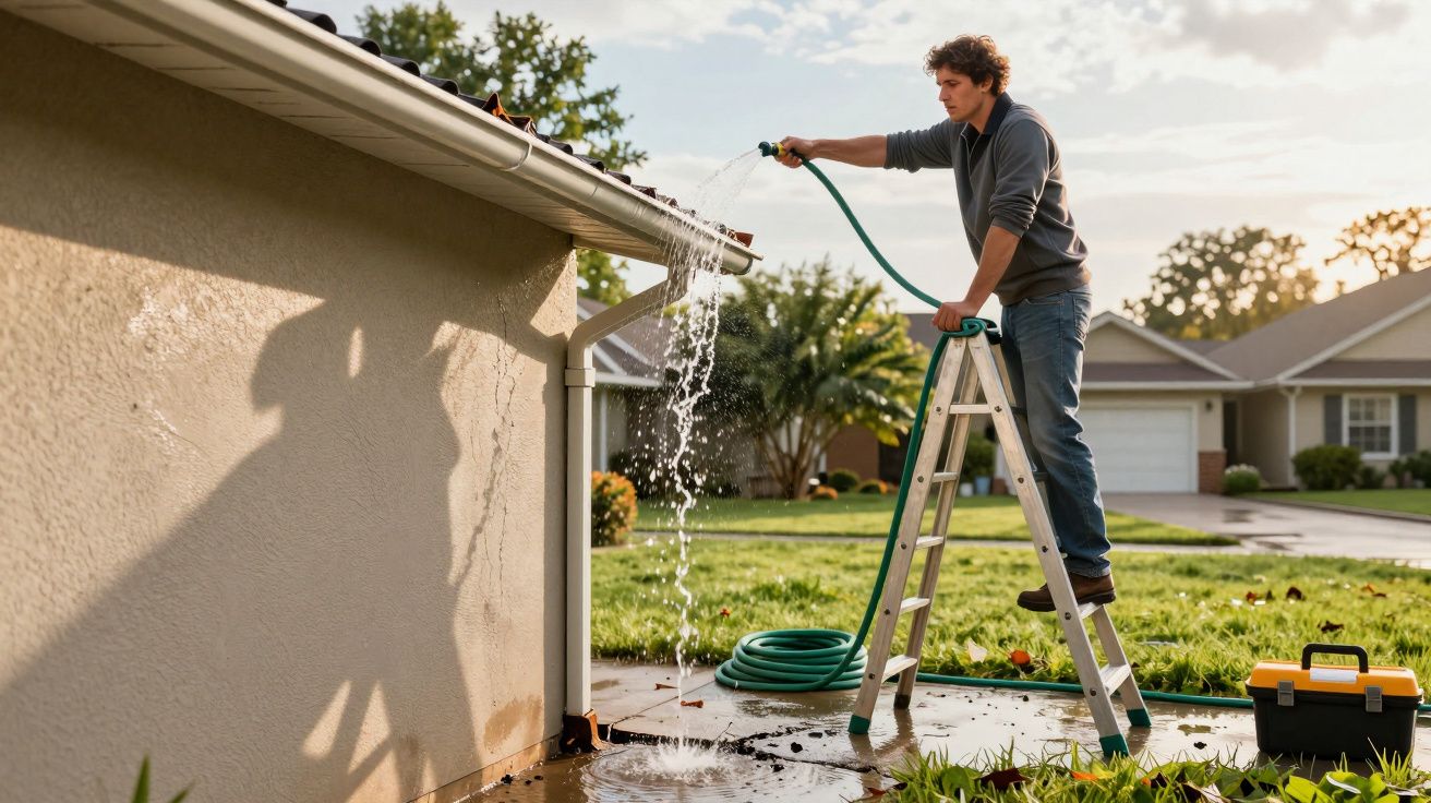 Homem numa escada a limpar calhas da chuva usando uma mangueira num jardim residencial.