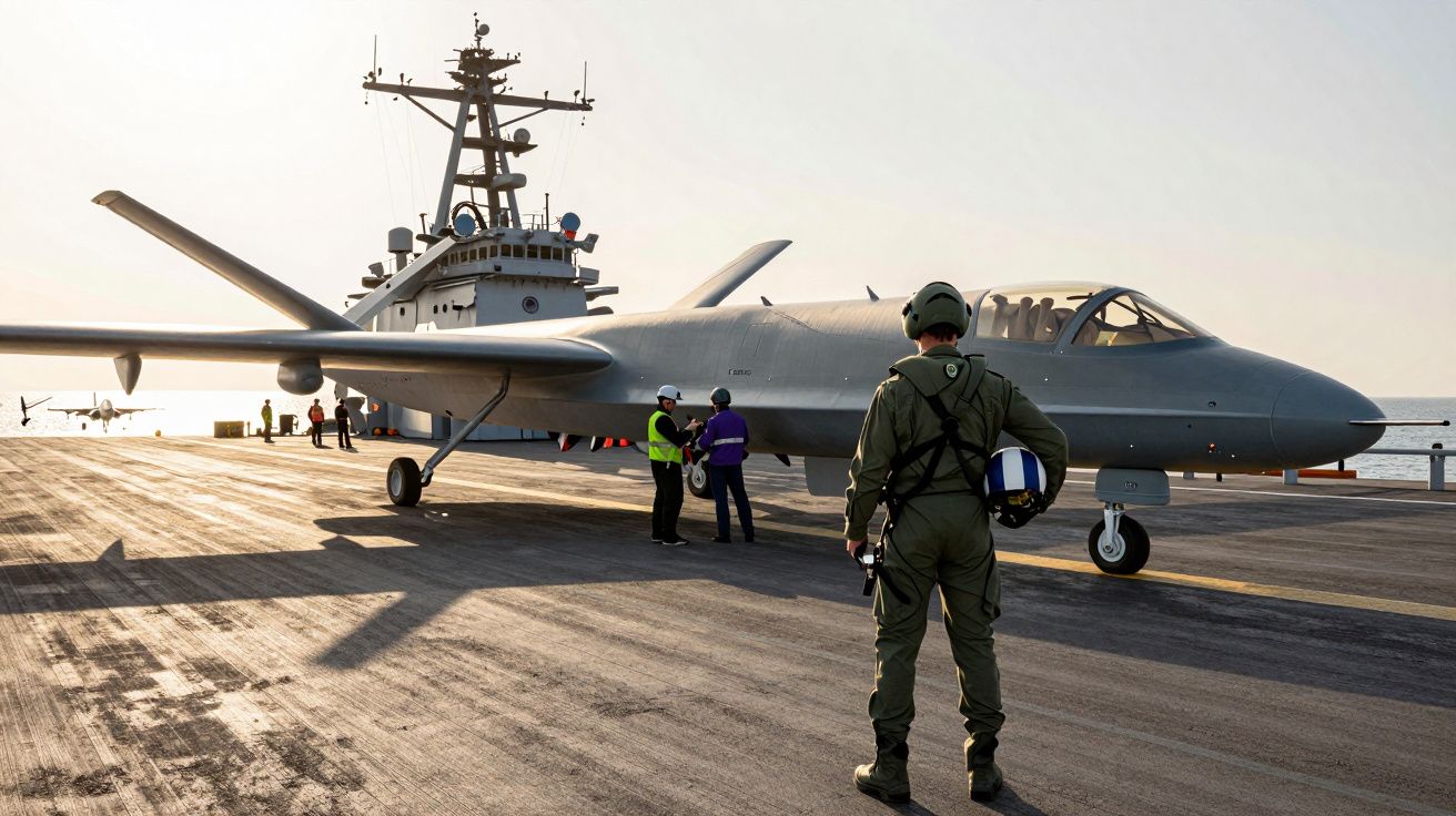 Drone militar cinzento numa plataforma de porta-aviões com tripulantes e piloto em uniforme verde.