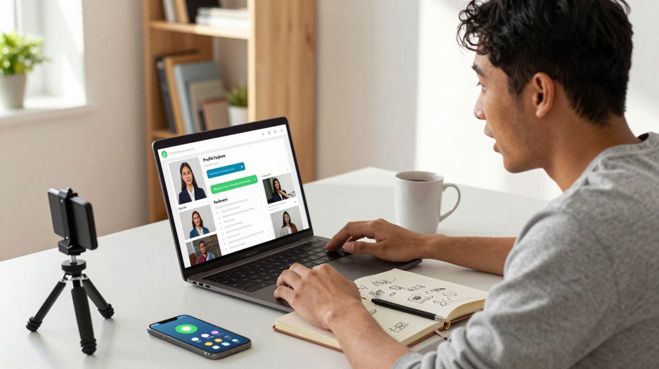 Homem sentado a usar portátil para edição de perfil online, com smartphone e caderno na secretária.