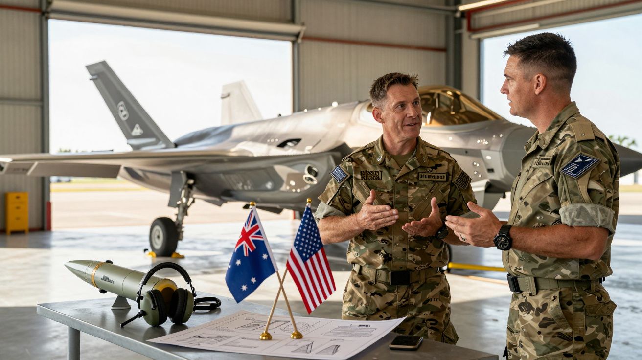Dois militares em uniforme discutem planos e equipamento perto de um caça F-35 numa base aérea.