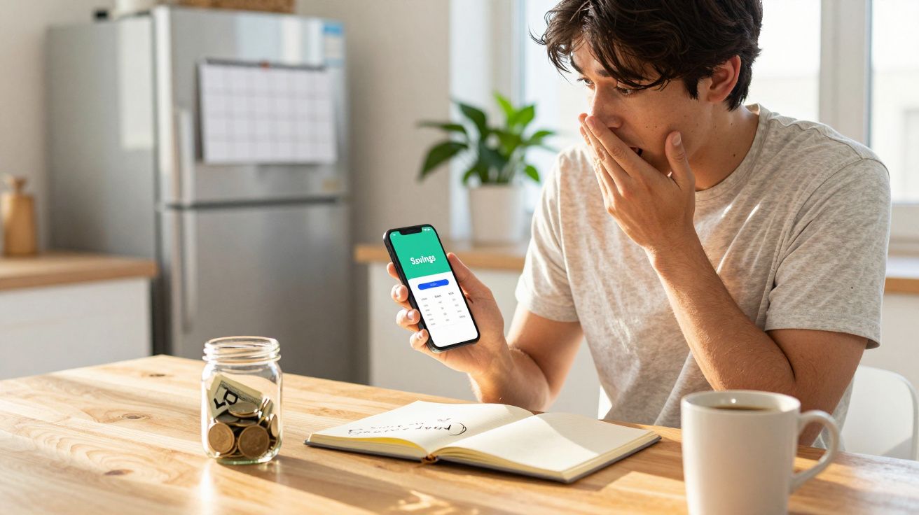 Jovem preocupado olha para telemóvel com app de finanças, jarro com moedas, caderno aberto e caneca numa cozinha luminosa.