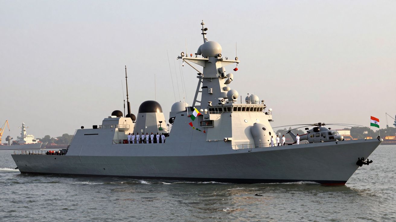 Navio de guerra cinzento com tripulação e um helicóptero a bordo navegando em mar calmo.