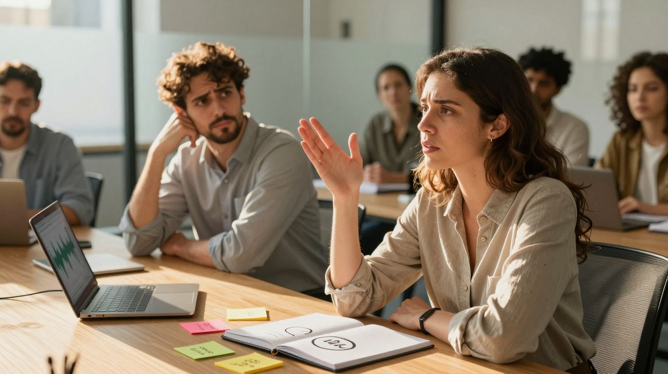 Jovem mulher a falar numa reunião de trabalho, colegas atentos e ambiente de escritório moderno.