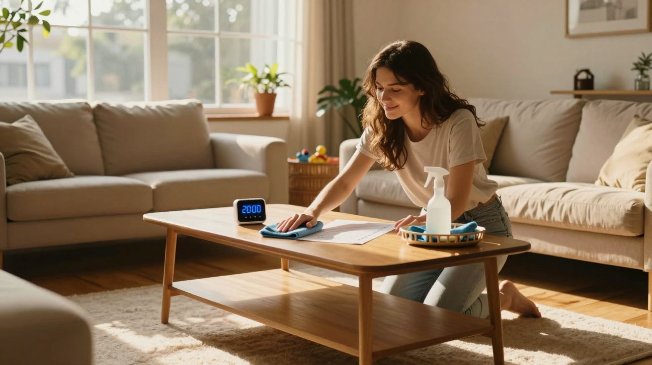 Mulher a limpar mesa de centro de madeira numa sala de estar com luz natural e sofá cinzento.