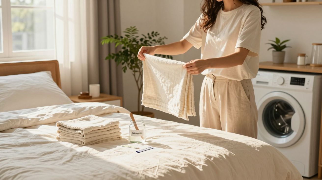 Pessoa a dobrar roupa branca num quarto luminoso, com máquina de lavar roupa ao fundo.