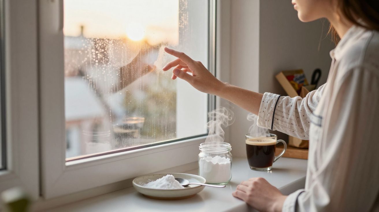 Pessoa toque gotas de chuva na janela com chávena de café fumegante e prato de açúcar na mesa.
