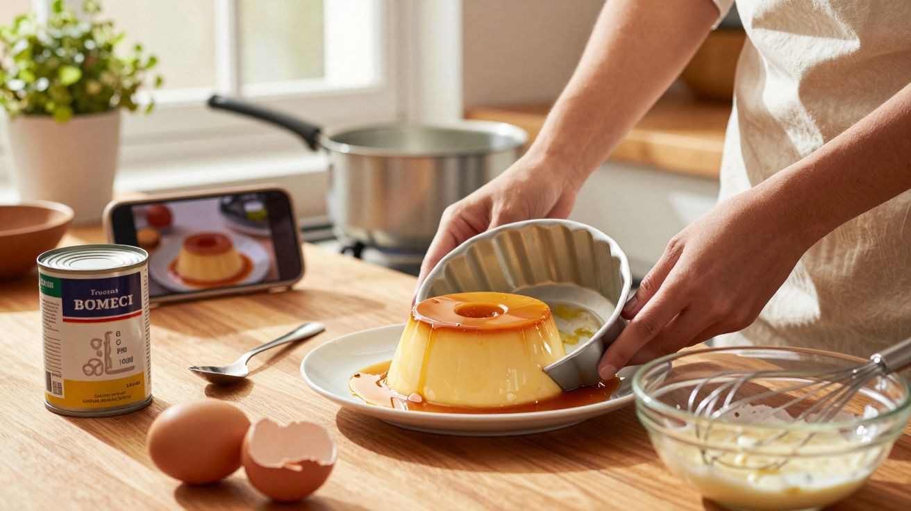 Pessoa a desenformar pudim de caramelo numa cozinha com ingredientes e receita no telemóvel.