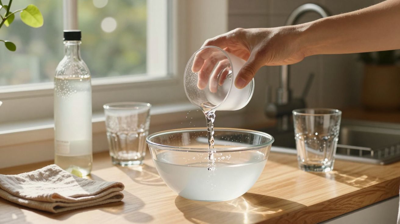 Mão a verter água de copo para taça de vidro numa bancada de cozinha iluminada pela luz natural.