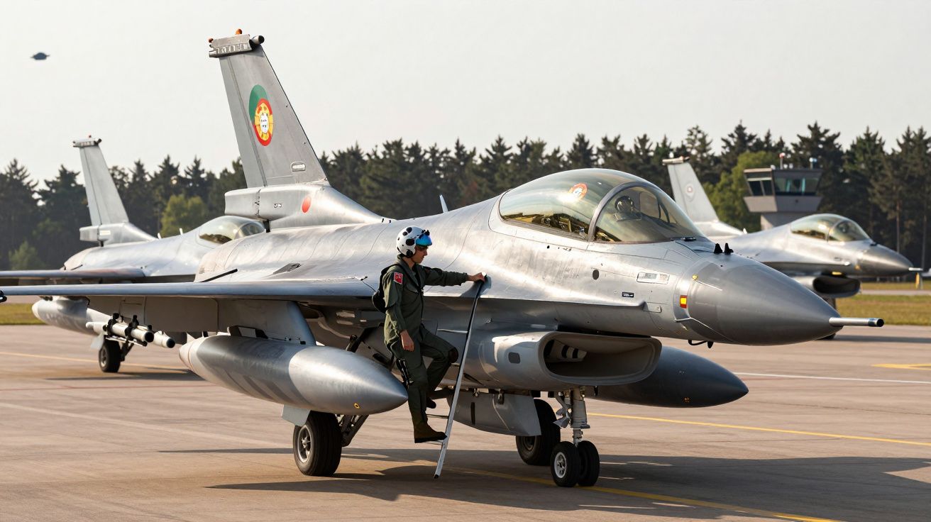 Aviões militares F-16 da Força Aérea Portuguesa em pista, com piloto a subir para a cabine ao pôr do sol.