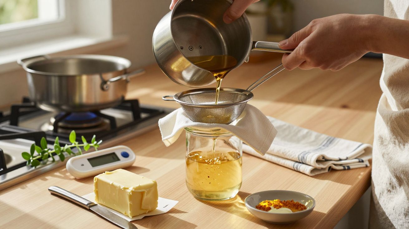 Pessoa a coar mel para um frasco de vidro numa cozinha com bancada de madeira iluminada por luz natural.