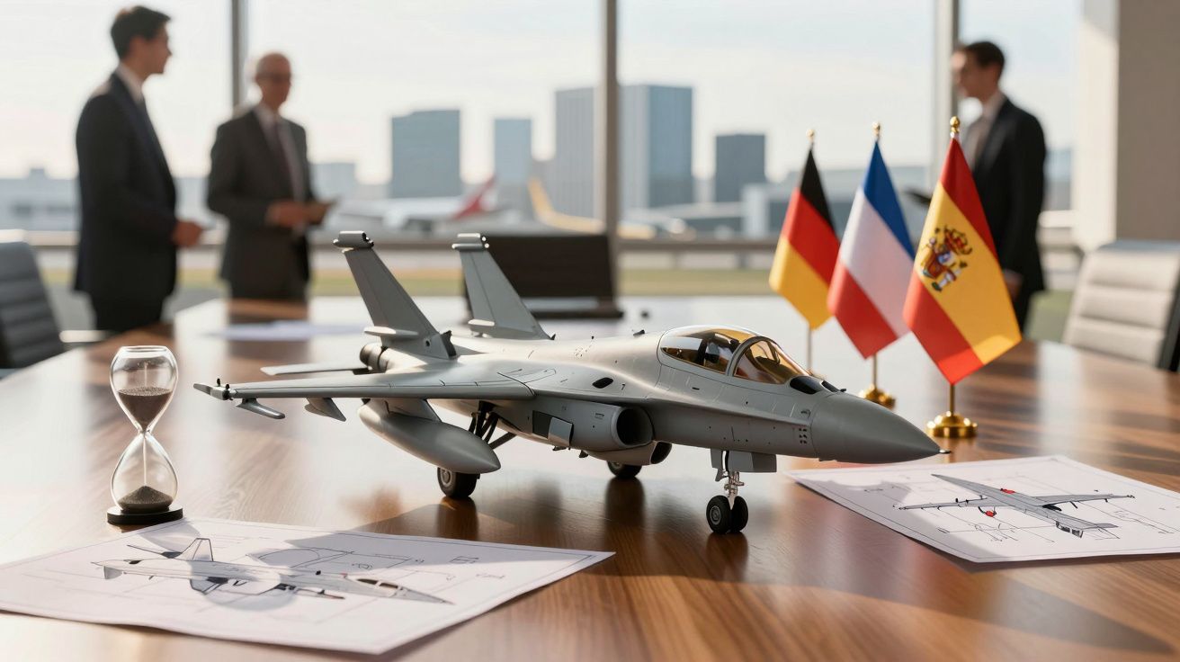 Modelo de avião militar numa mesa de reunião com bandeiras da Alemanha, França e Espanha e pessoas ao fundo.