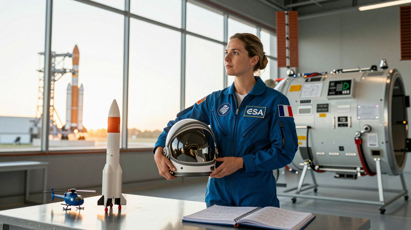 Mulher astronauta da ESA em fato azul segurando capacete, com modelos de foguete e helicóptero em mesa e equipamento grande a