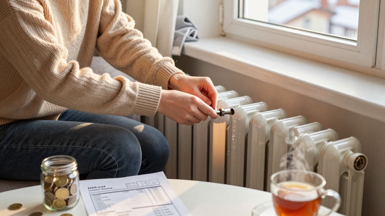 Pessoa a abrir o radiador junto a uma janela, com moedas num frasco e uma conta na mesa.