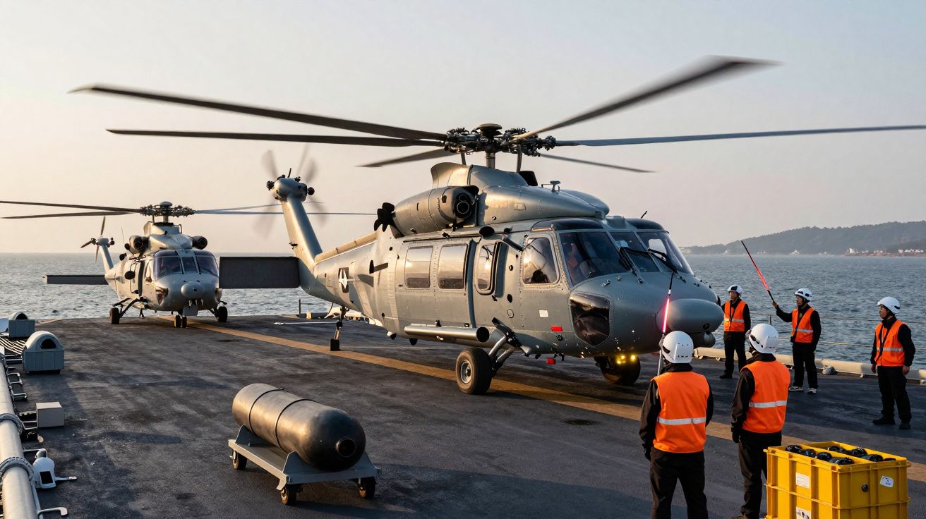 Helicópteros militares em convés de navio com tripulação em coletes laranja a coordenar operações ao pôr do sol.