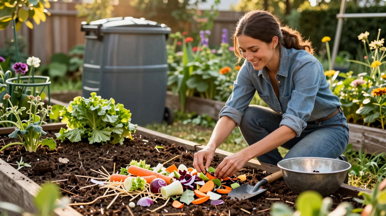 Mulher a preparar uma composteira no jardim com legumes e hortaliças num canteiro elevado.