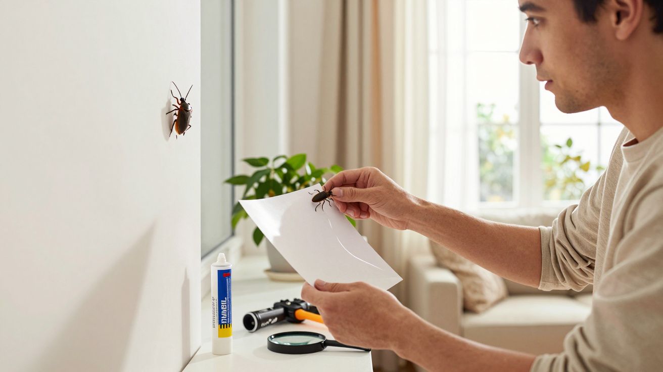 Homem a capturar barata de plástico numa folha branca numa sala iluminada e modernamente decorada.