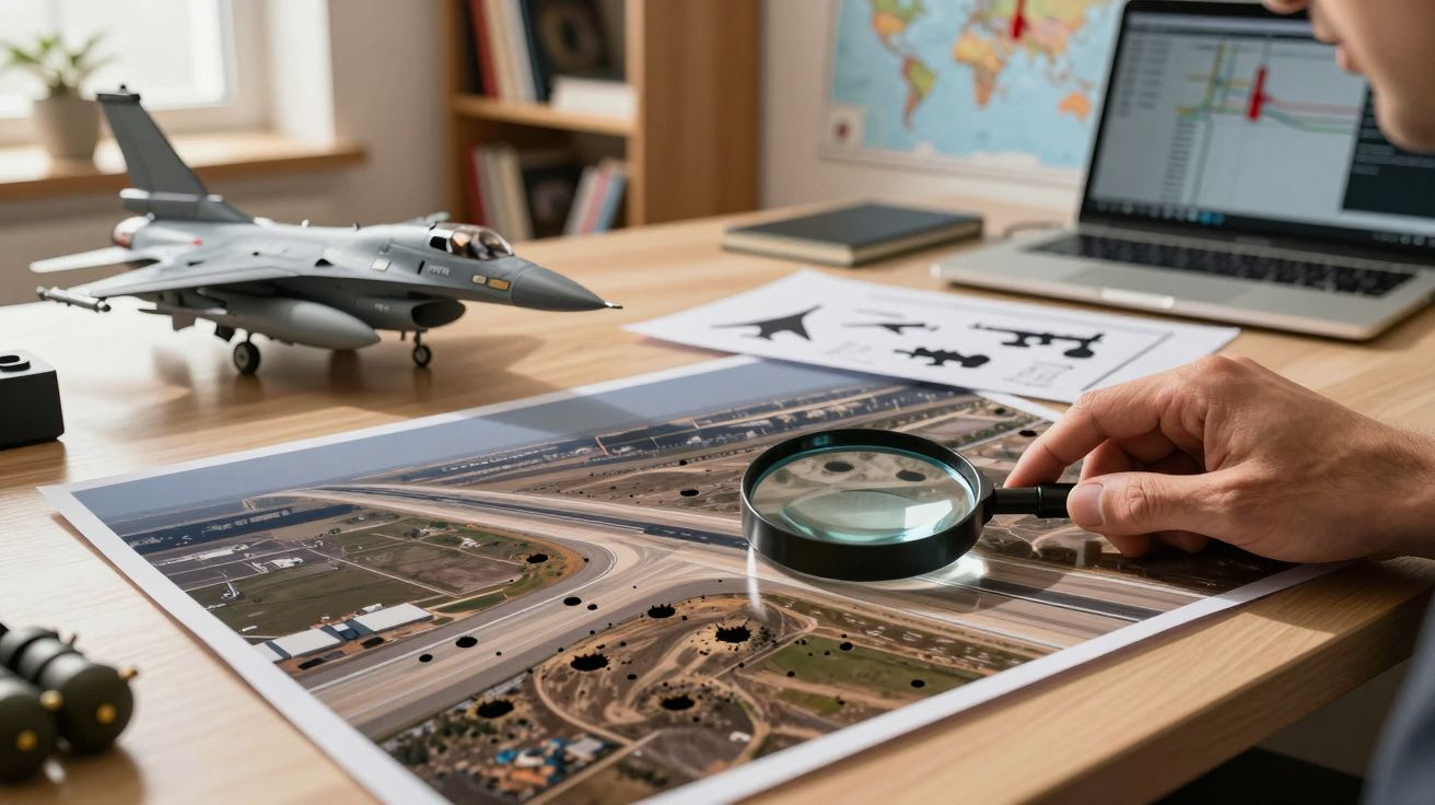 Pessoa a analisar imagem aérea de interseção rodoviária com lupa, junto a modelo de avião e computador portátil.