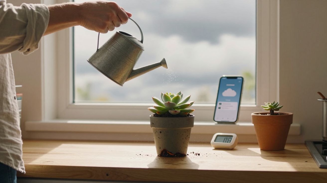 Mão a regar planta suculenta num vaso junto a janela, com smartphone e termómetro digital na bancada.