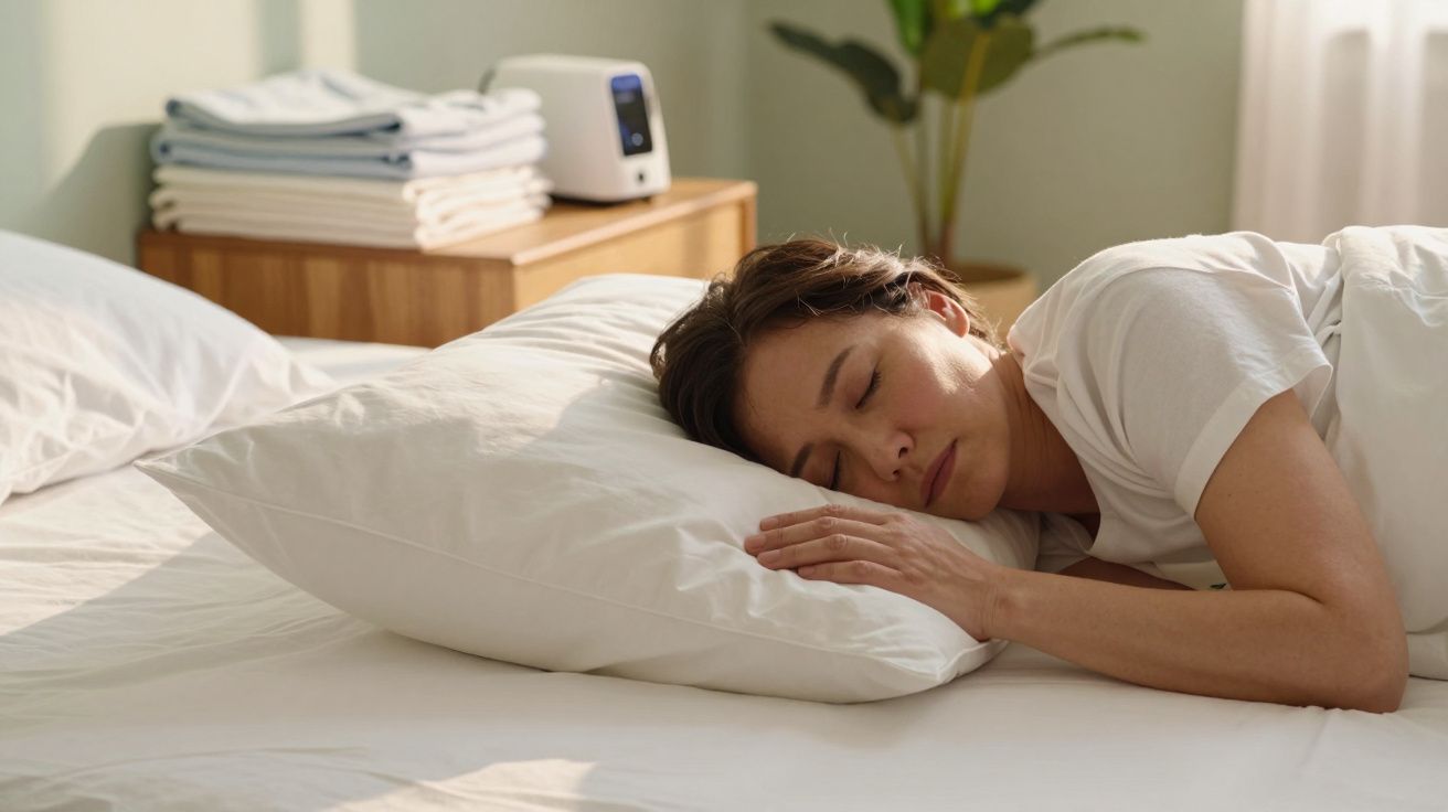 Mulher deitado a dormir de lado numa cama com almofada branca e roupa de cama clara, luz natural suave.