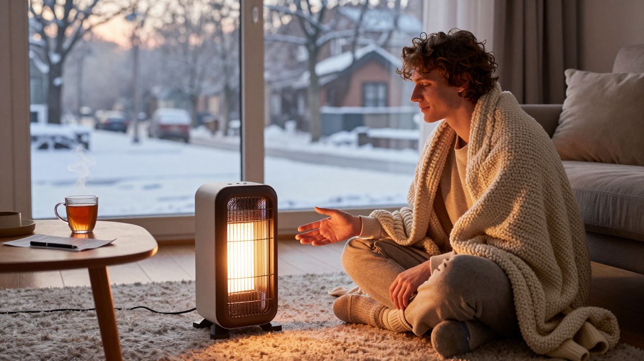 Pessoa sentada no chão junto a aquecedor elétrico, enrolada em manta, com chá na mesa, janela mostra neve lá fora.
