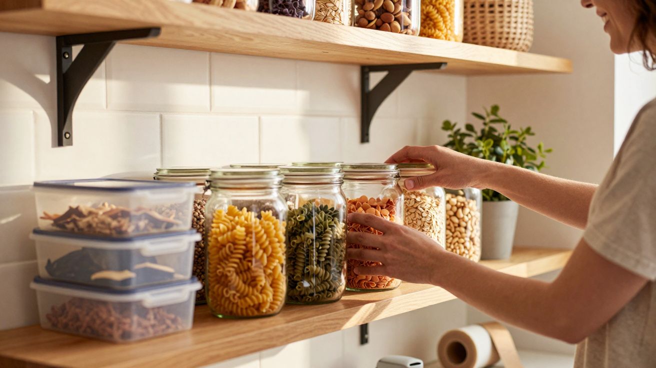Prateleira de cozinha com frascos de vidro cheios de alimentos variados e mãos a fechar um frasco.