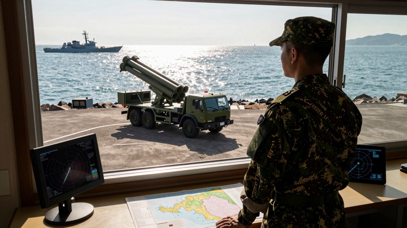 Soldado numa torre de controlo observa camião militar com lançadores e navio de guerra no mar ao fundo.