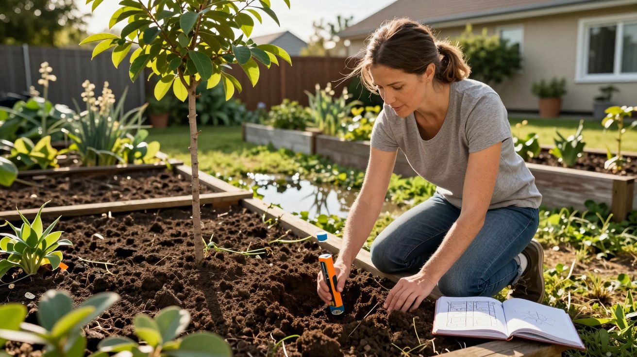 Mulher a examinar o solo no jardim, usando uma ferramenta, com caderno aberto ao lado.