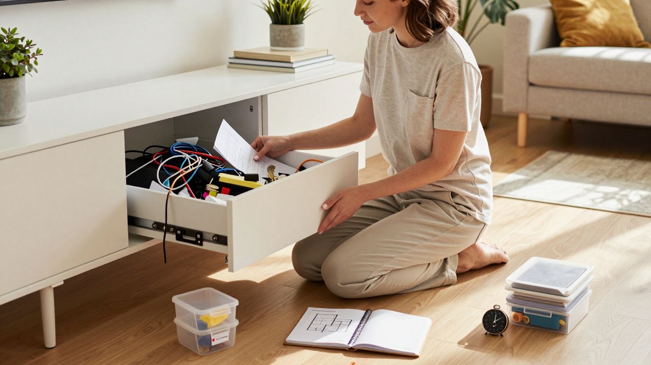 Pessoa a organizar cabos elétricos numa gaveta, com cadernos e caixas de arrumação no chão.