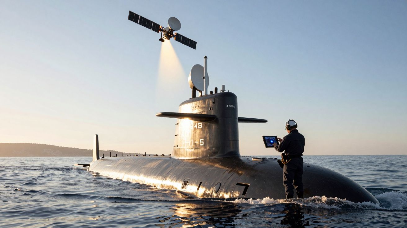 Submarino na superfície do mar com técnico a operar e satélite a emitir sinal acima.