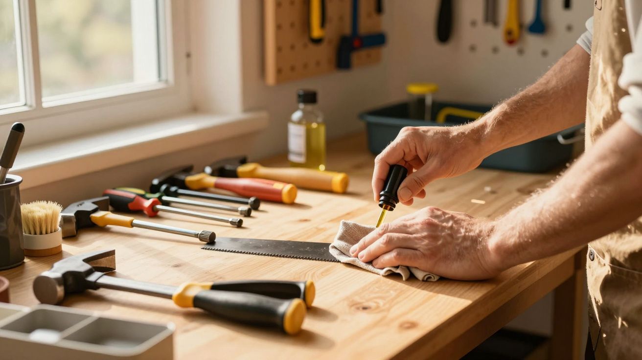 Pessoa a limpar uma serra numa bancada de madeira com várias ferramentas de carpintaria ao redor junto à janela.