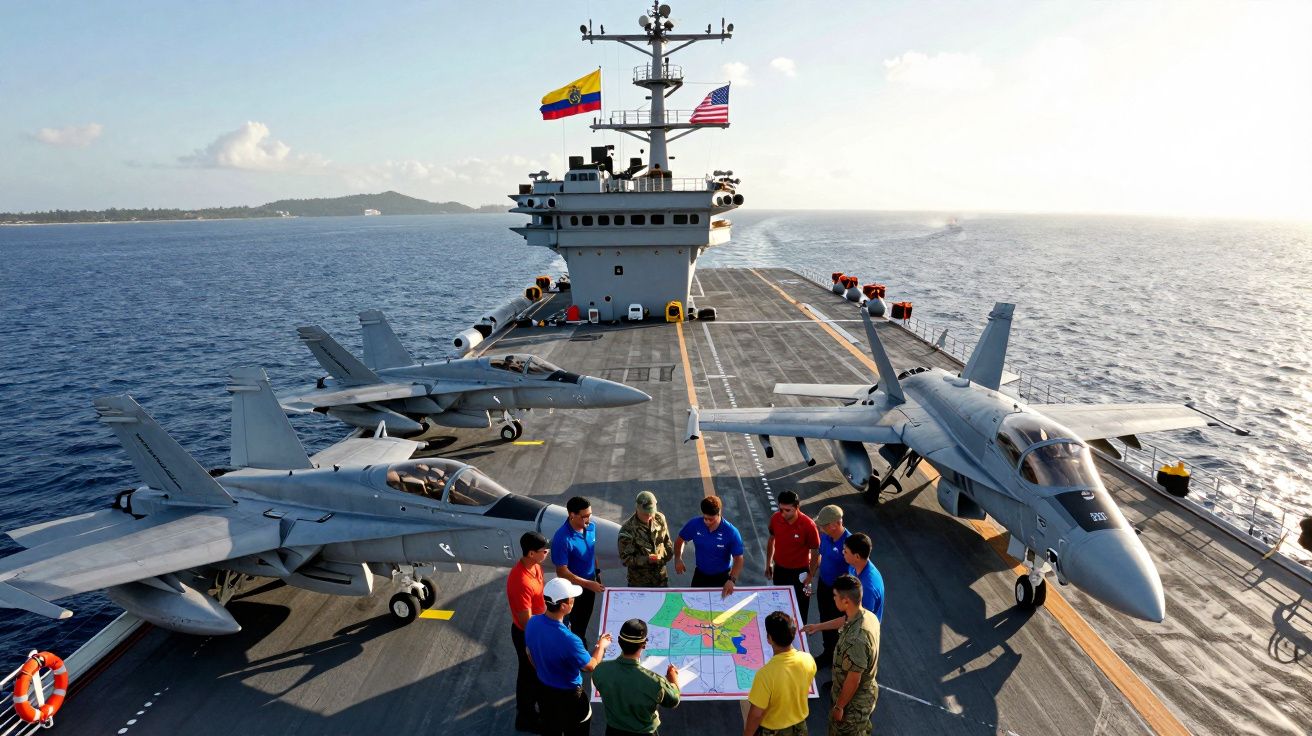 Membros da tripulação planeiam missão num porta-aviões com caças numa área marítima ao amanhecer.