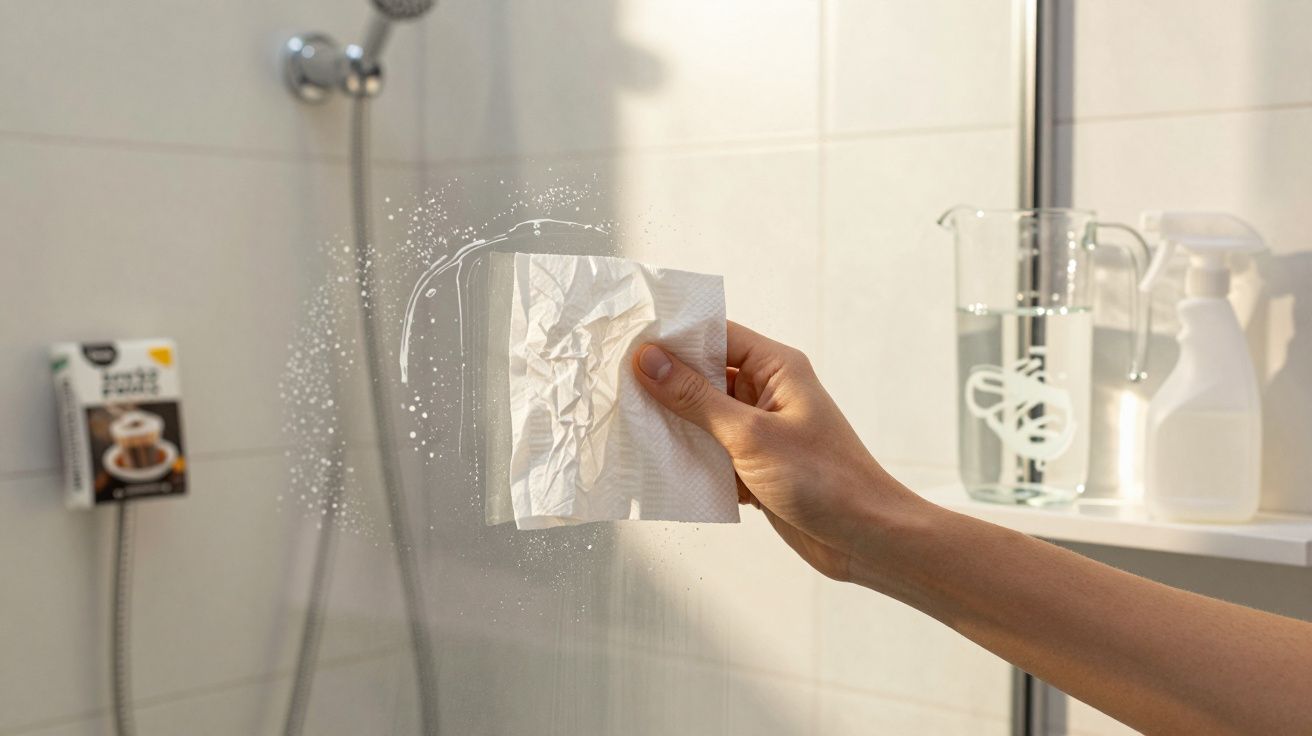 Mão a limpar vidro de chuveiro com papel húmido numa casa de banho iluminada natural.