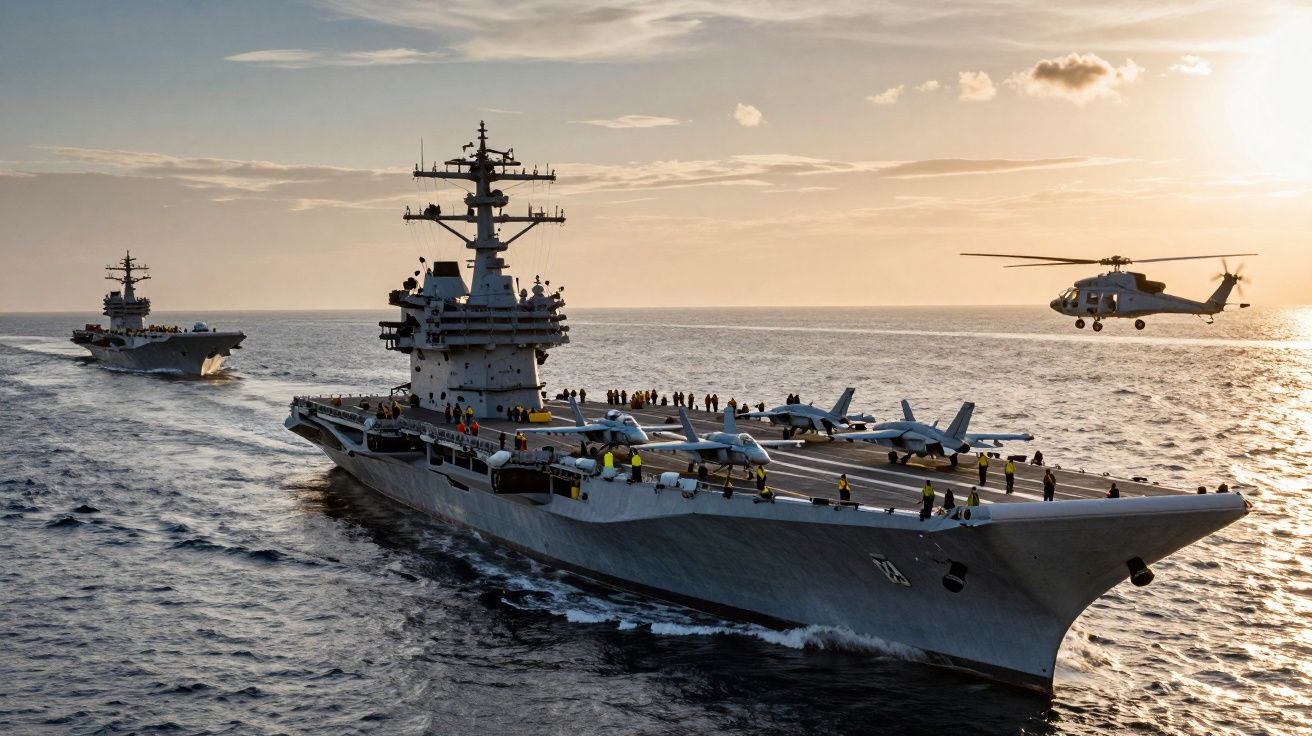 Porta-aviões naval com várias aeronaves a bordo e um helicóptero a sobrevoar no mar ao pôr do sol.