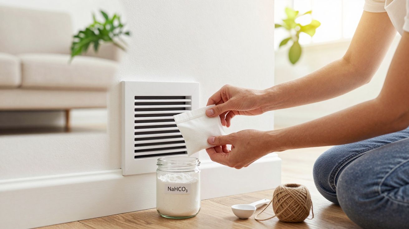 Pessoa a colocar bicarbonato de sódio num saco junto a uma ventilaçao de casa para purificar o ar.