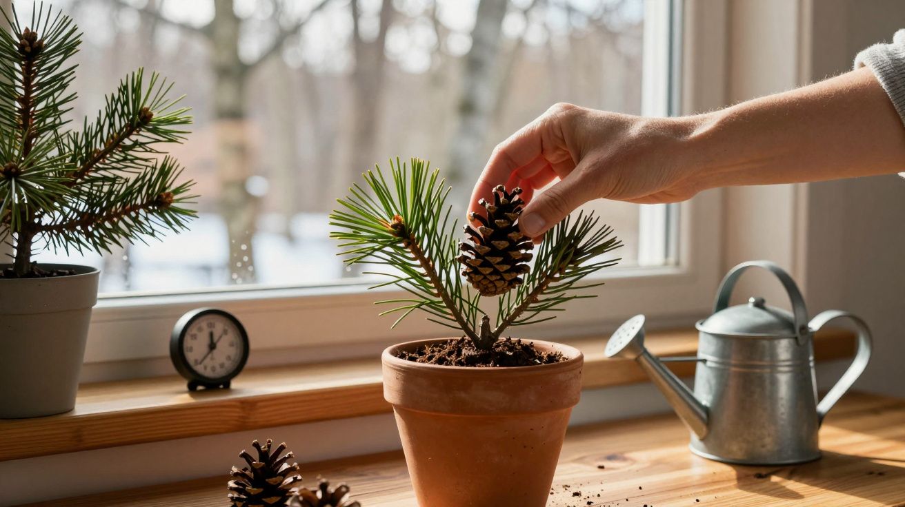 Mão a colocar pinha num vaso com ramo de pinheiro numa mesa junto à janela com regador e relógio.