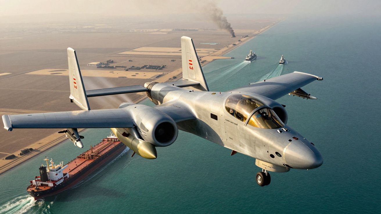 Avião militar a voar sobre um canal onde dois navios de carga navegam lado a lado, com terra e fumaça ao fundo.