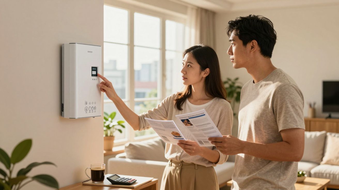 Casal jovem configura termóstato digital na parede de uma sala com luz natural.