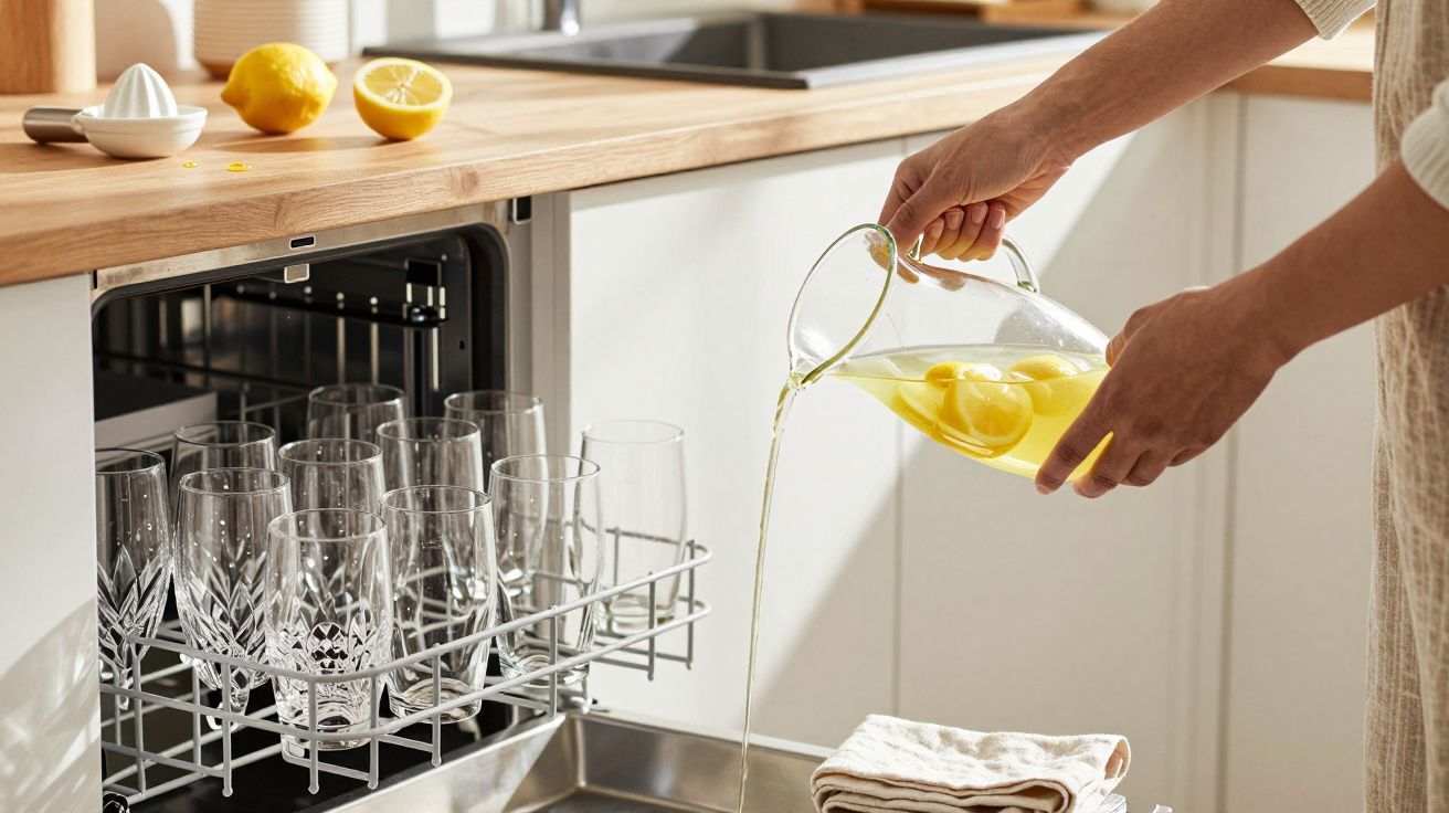 Pessoa a despejar sumo de limão num lava-louça aberto cheio de copos de vidro numa cozinha moderna.