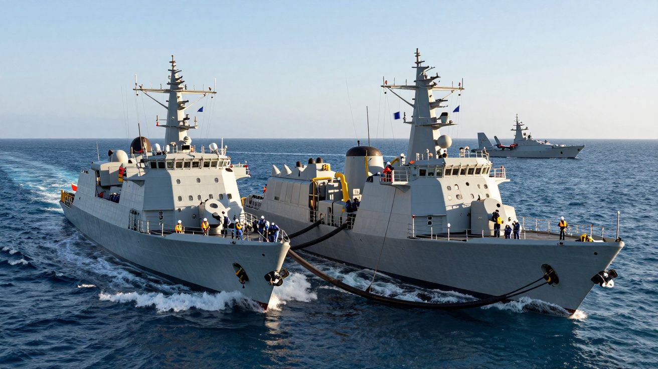 Três navios militares no mar, sendo dois próximos ligados por tubos para abastecimento ou reabastecimento.