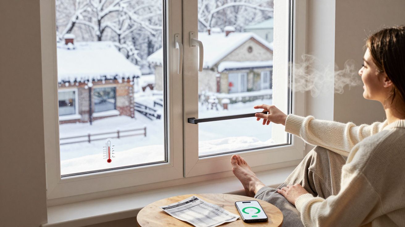 Mulher abre janela para ar fresco no inverno, vista de casas com neve e termómetro indicando frio intenso.