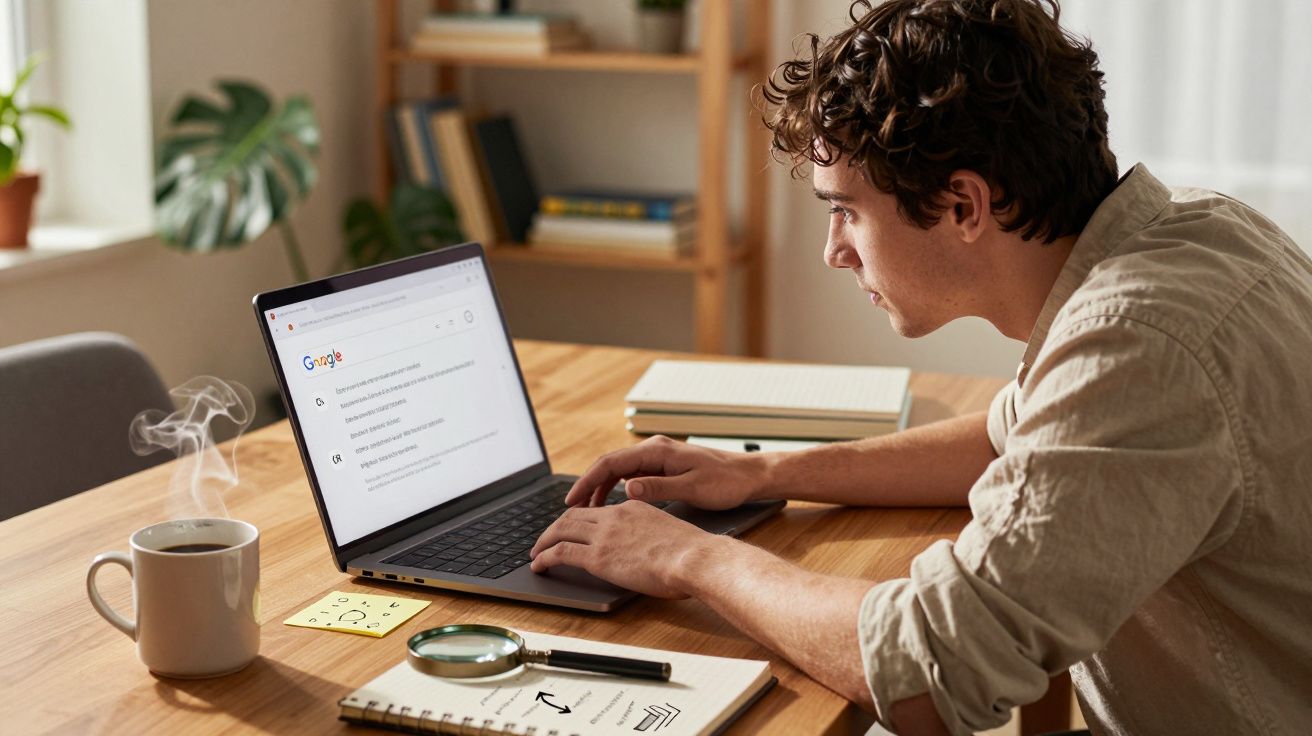 Homem a trabalhar num portátil numa mesa com chá quente, bloco de notas e lupa numa sala iluminada.
