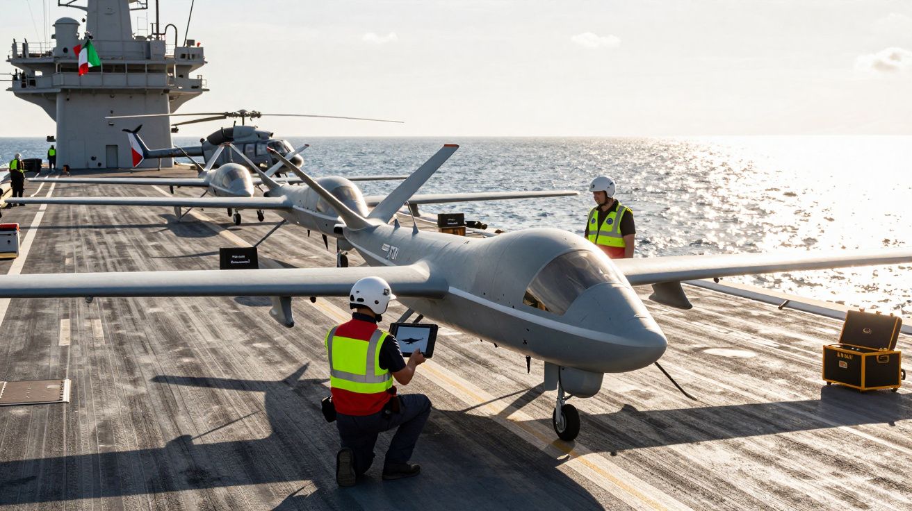 Drones militares em convés de porta-aviões com técnicos de segurança a inspecionarem antes do voo.