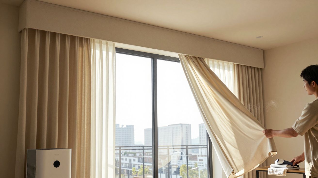 Pessoa a abrir cortinas bejes numa sala iluminada com vista para edifícios urbanos ao longe.