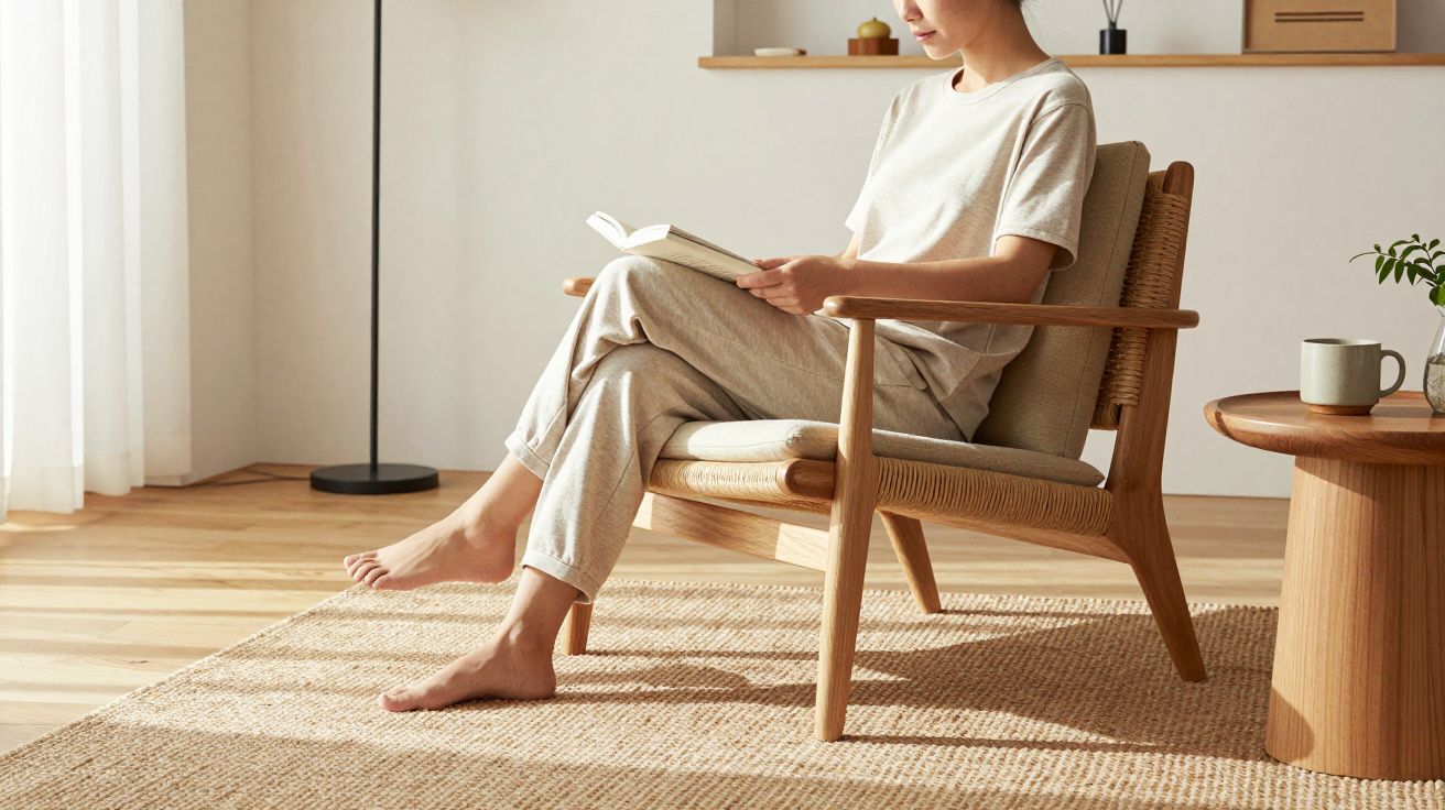 Pessoa sentada numa cadeira de madeira, a ler um livro numa sala acolhedora com luz natural.