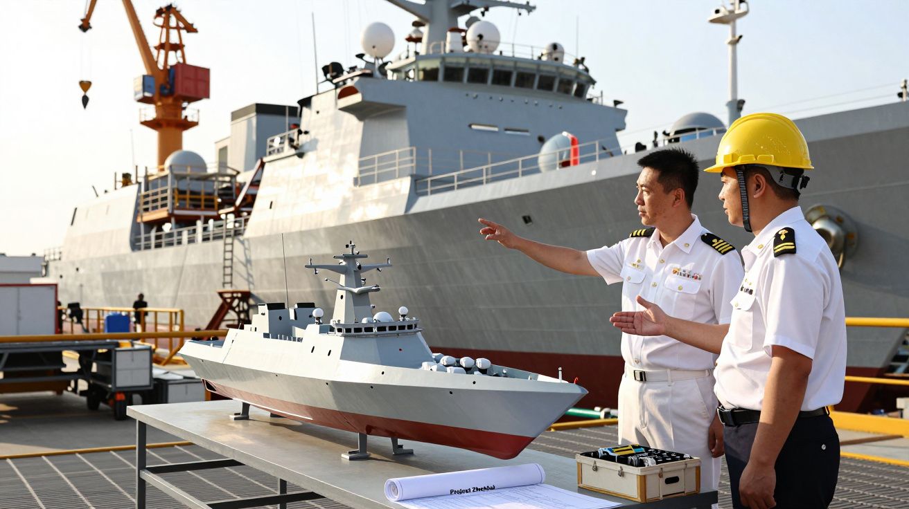 Dois oficiais navais analisam um modelo de navio de guerra num estaleiro naval com um navio real ao fundo.