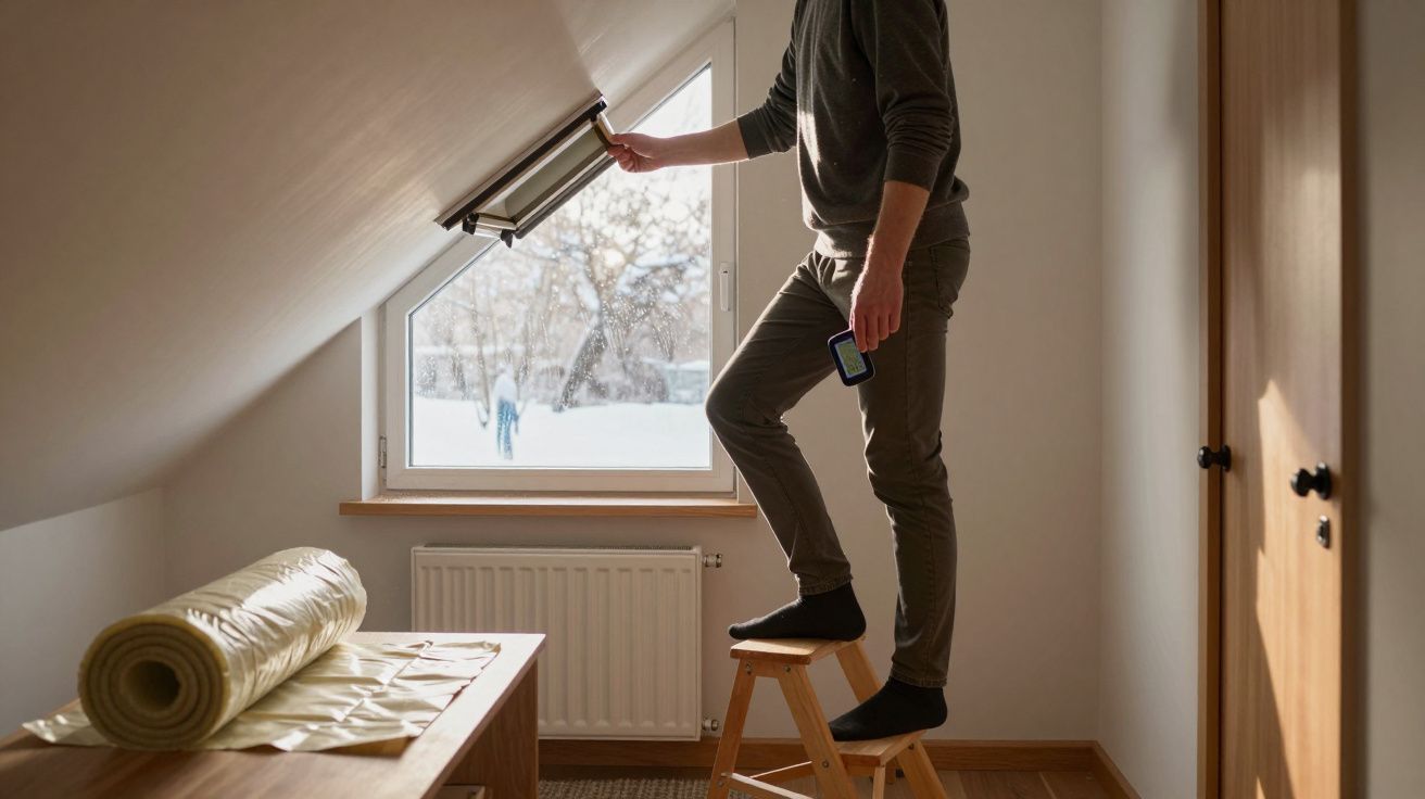 Homem em fato casual a pintar moldura de janela numa divisão com tecto inclinado.