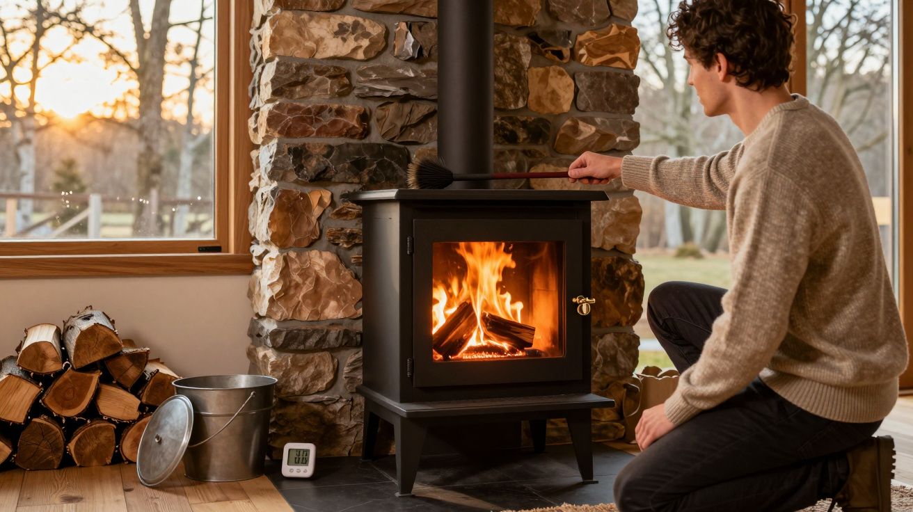Homem a acender ou limpar uma lareira a lenha numa sala com paredes de pedra e janelas grandes.