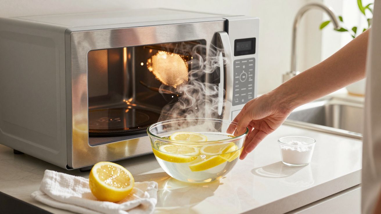 Pessoa a retirar tigela com água quente e limão do micro-ondas numa cozinha moderna.